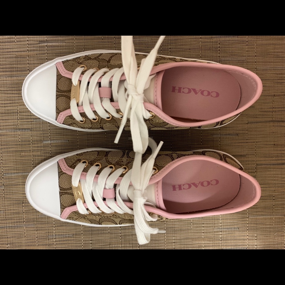 RARE Coach Logo Canvas Sneaker Pink Leather Trim